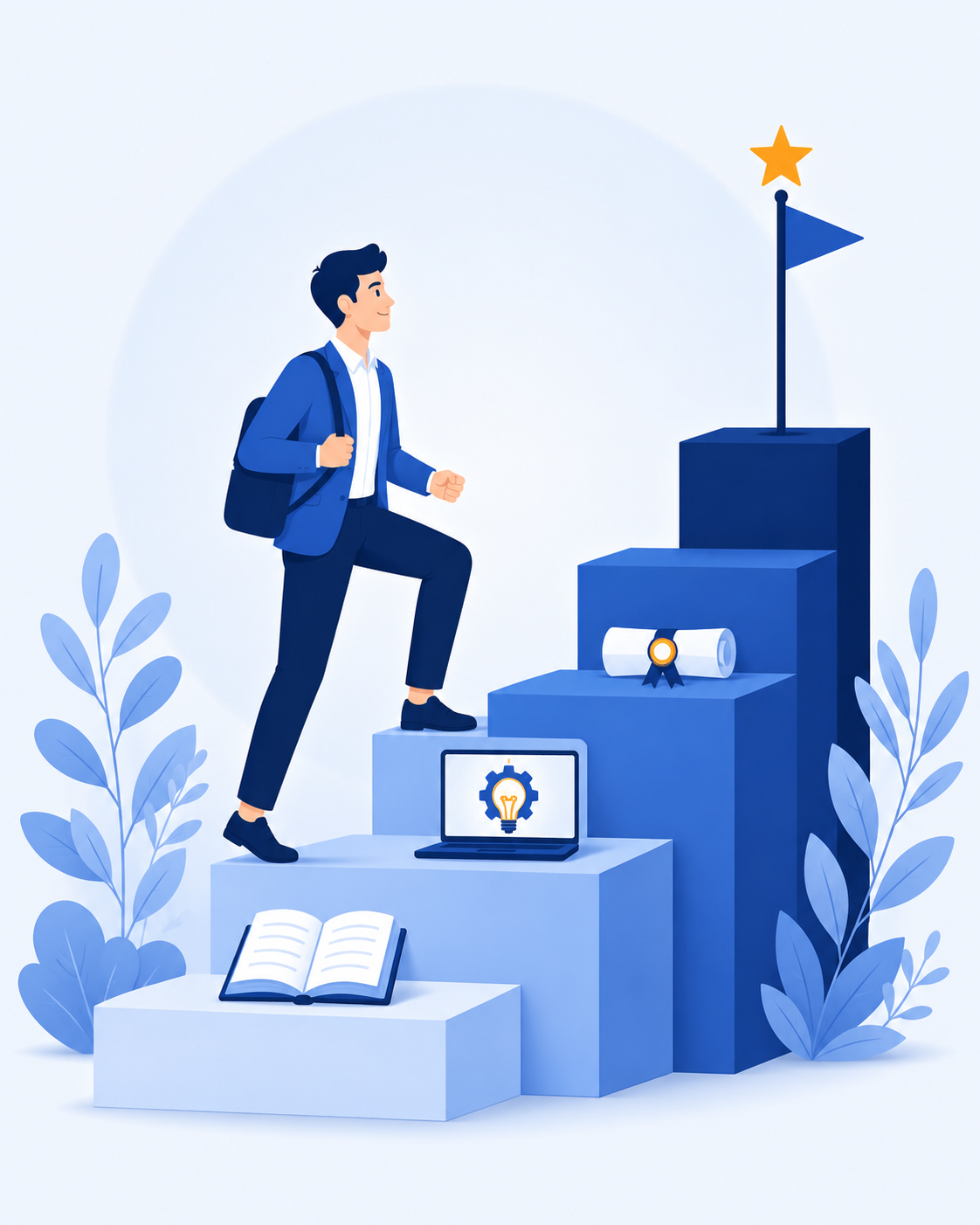 Illustration of a learner climbing steps of learning, training and certification toward a career goal
